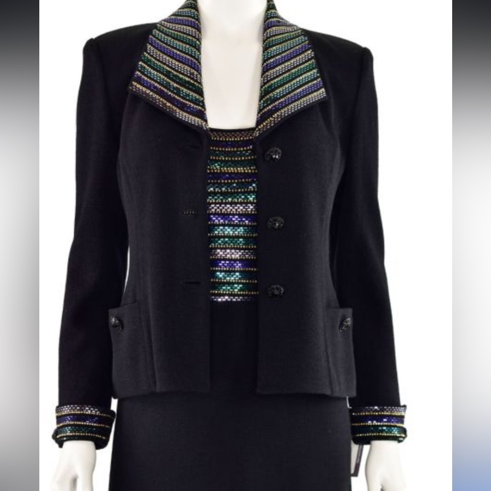 VTG St. John Evening by Mary Gray Black knit Blazer with Multicolor Collar